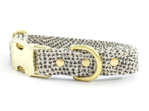 Dog collar in luxury grey polka dot linen/cotton fabric with brass buckle, by Noggins & Binkles