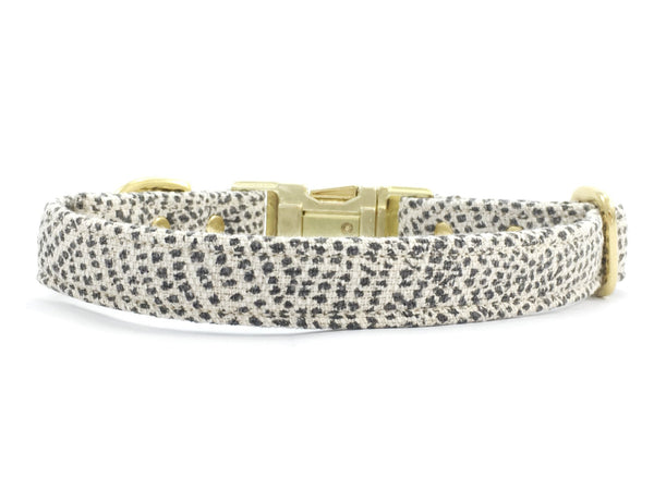 Grey polka dot dog collar by Noggins & Binkles with brass buckle available in extra small, small, medium and large