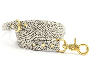 Luxury grey polka dot cotton lead/leash with solid brass trigger snap hook by Noggins & Binkles