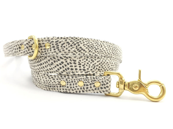 Luxury grey polka dot cotton lead/leash with solid brass trigger snap hook by Noggins & Binkles