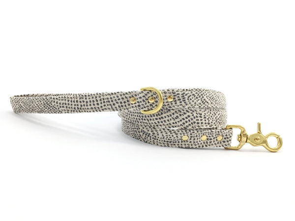 Dog lead/leash in luxury grey polka dot cotton/linen fabric with matching collar available, made in London 