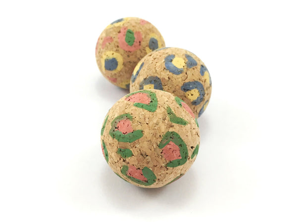 Interactive cat and kitten balls made from eco friendly cork bark in a fun and colourful leopard print pattern