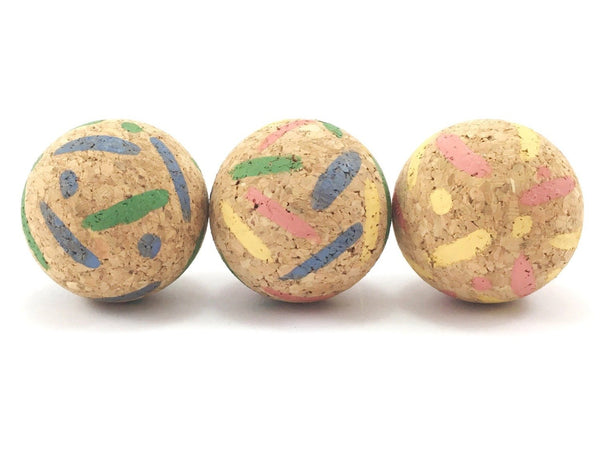 Cork cat ball toy in stripes and spots pattern made from eco friendly and sustainable cork bark