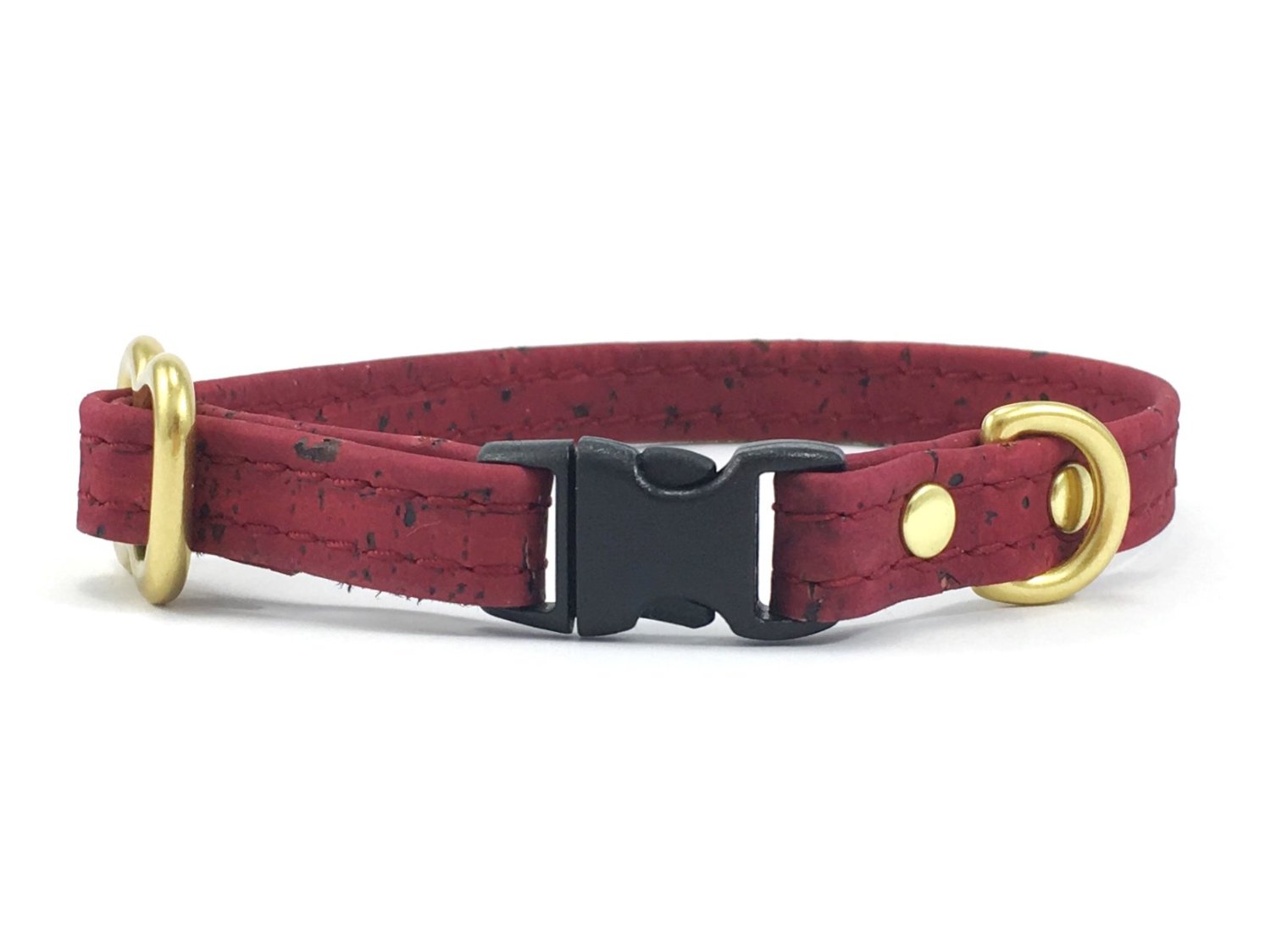 Vegan leather miniature dog collar in burgundy vegan cork leather with solid brass rust-proof hardware