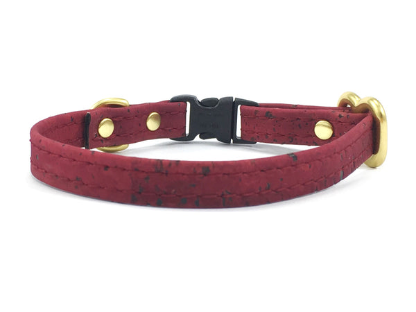 luxury, ethical and sustainable vegan burgundy cork leather miniature dog collar suitable for toy breeds and tiny dogs