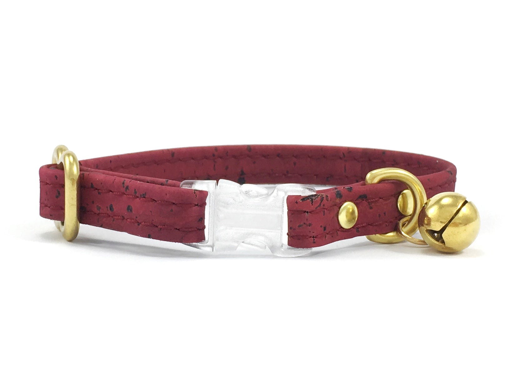 Burgundy cat collar in vegan cork leather with breakaway safety buckle and solid brass bell