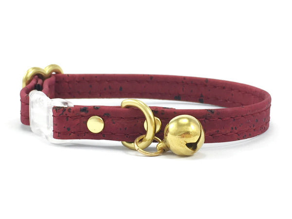 Burgundy breakaway safety cat collar with solid brass bell and solid brass gold hardware in vegan cork leather 