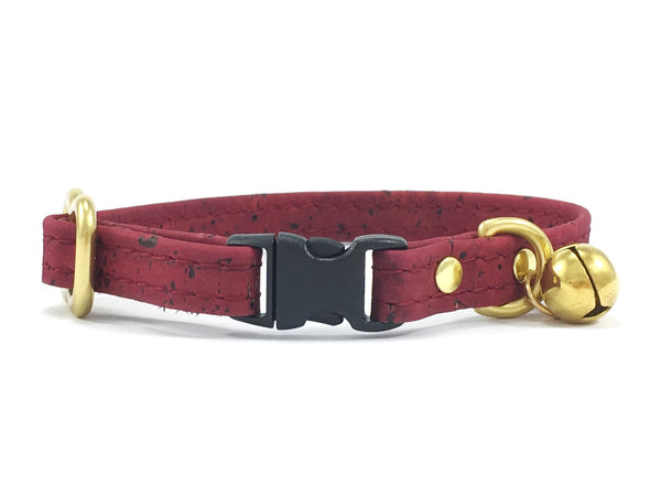 Breakaway safety cat collar in burgundy red vegan cork leather with anti-hunting solid brass cat bell with safety buckle