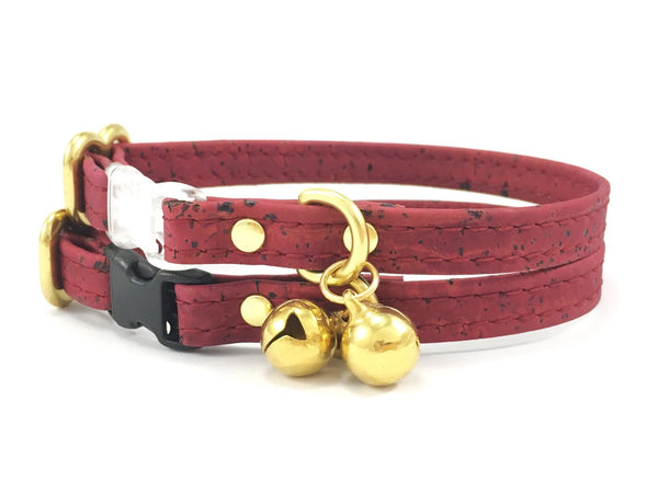 Burgundy cat collar in vegan cork leather with breakaway safety buckle and solid brass bell, can be made in bespoke sizes