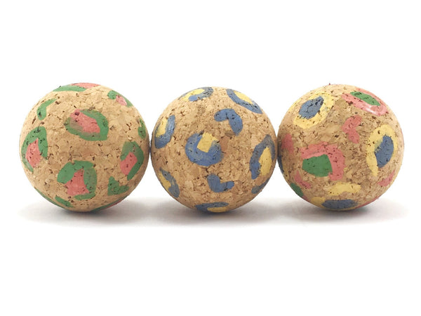 Eco friendly leopard print cat ball toys made from natural vegan cork sold as a set of three