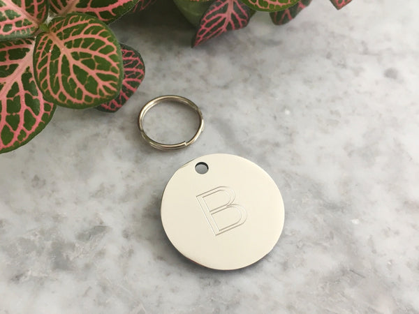 Cat ID tag with initial design, small size for cats and kittens, custom engraved in the UK