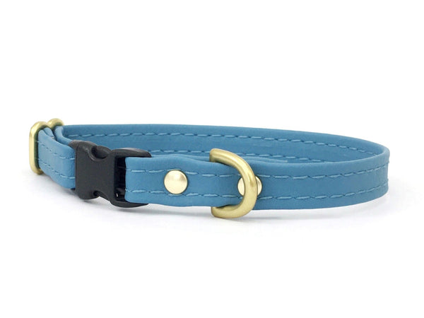 Blue vegan silicone leather miniature dog collar for puppies, small dogs, Chihuahuas and Miniature Dachshunds..