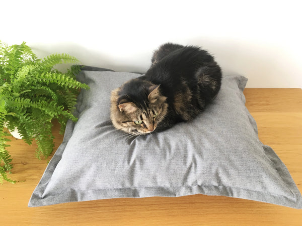Luxury cat pillow cushion bed in organic cotton canvas with stylish cover, made in the UK