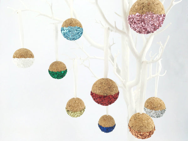 Luxury cork bauble Christmas tree decorations with biodegradable cork in white, green, light blue, royal blue, gold, silver, rose gold, red, blush pink and purple.