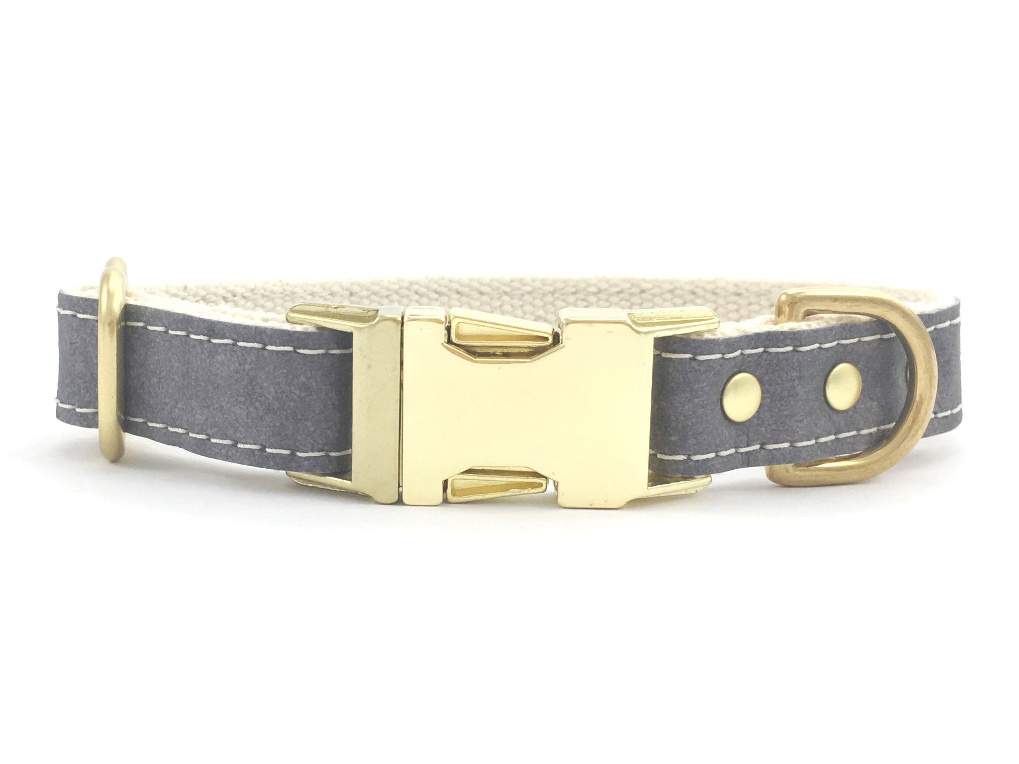 Grey Vegan Leather Dog Collar With Brass Buckle