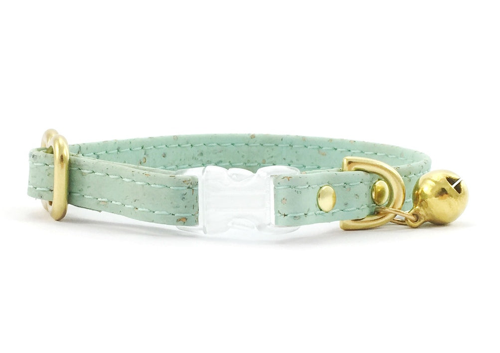 Luxury green vegan cork 'leather' breakaway safety cat collar with transparent breakaway buckle and solid brass bell and hardware
