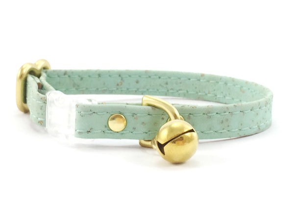 Breakaway safety cat collar in luxury mint green vegan cork 'leather' with solid brass bell