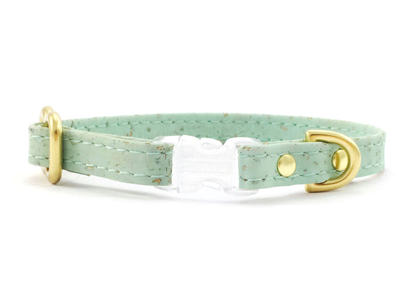 luxury pastel mint green miniature toy dog collar in unique vegan cork leather with solid brass hardware, suitable for miniature dachshunds, Maltese and chihuahuas.