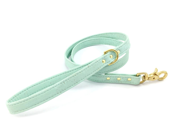 Pastel mint green dog leash in eco friendly and ethical vegan cork leather with luxury brass hardware