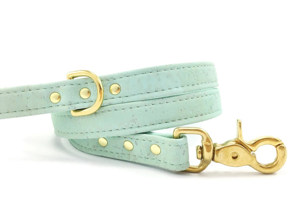 Mint green dog lead in unique vegan cork leather with luxury brass hardware, made in the UK