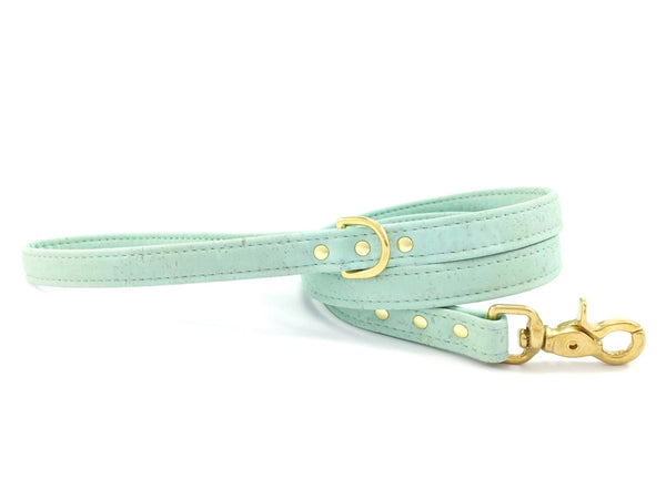 Green dog lead in unique vegan cork leather and luxury brass hardware, made in the UK