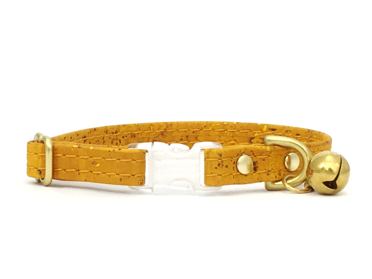 Mustard yellow vegan cork leather cat collar with breakaway buckle and luxury brass bell, made in the UK.
