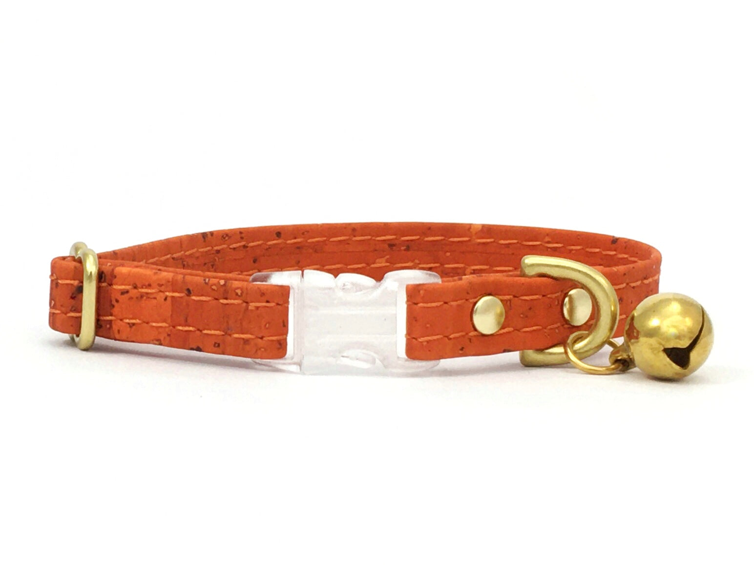 Orange cat collar in vegan leather with breakaway buckle and bell - brass and silver