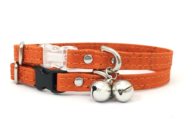 Orange cat collar in vegan cork leather with breakaway safety buckle and silver bell.