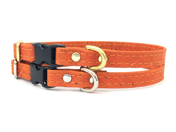 Orange miniature dog and puppy collar in vegan cork leather with luxury brass or silver hardware, made in the UK.