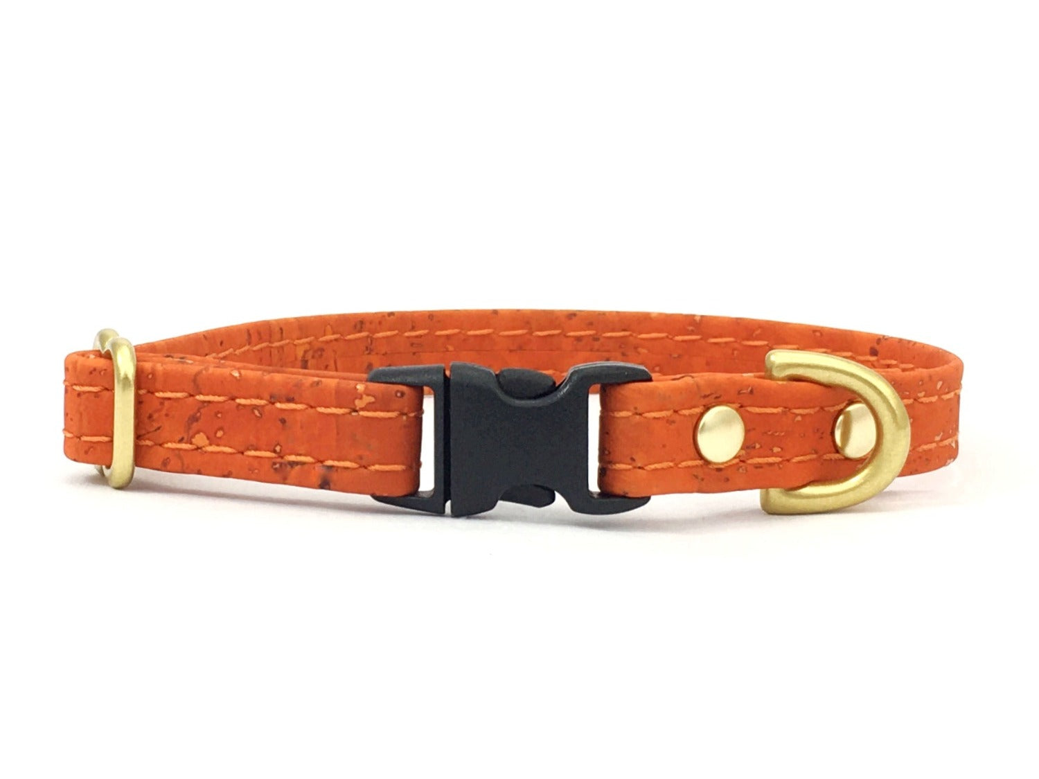 Orange vegan cork leather miniature dog and puppy collar for small and tiny dogs. Luxury brass hardware.