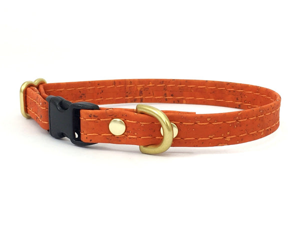 Tiny dog collar in orange vegan cork leather, suitable for Chihuahuas, Miniature Dachshunds, Maltese and toy breeds.