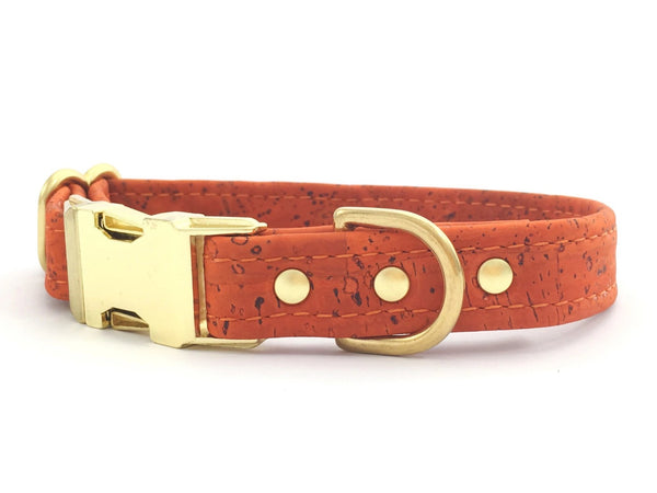 Burnt orange dog collar in stylish vegan cork 'leather' with brass buckle & solid brass hardware, by Noggins & Binkles