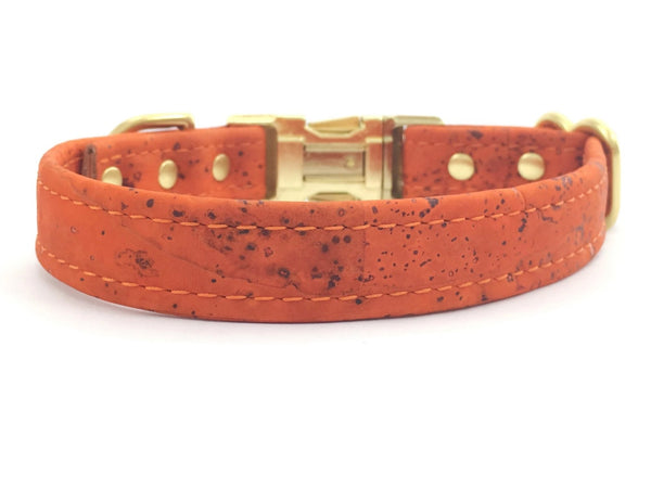 Orange dog collar in luxury vegan leather made from cork with solid gold brass hardware and matching lead available