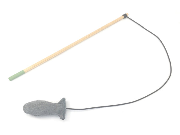 Fish cat teaser wand toy in organic cotton. Interactive cat toy for cats and kittens, made in the UK.