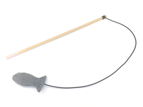 Fish cat toy made with eco friendly organic cotton and a natural wooden stick, made in the UK.