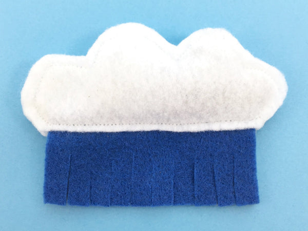 Luxury cat toy in vegan recycled felt in a cloud and rain design and filled with organic catnip and filling made from 100% post-consumer plastic bottles
