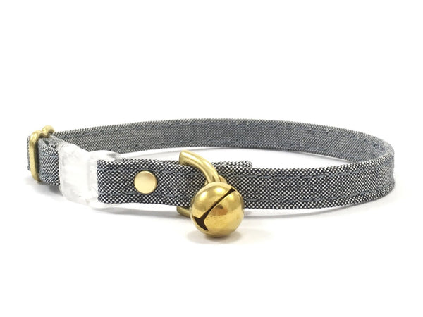 Blue and white cat collar in organic cotton fabric with luxury solid brass bell