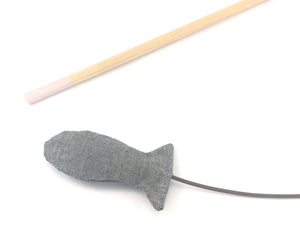Cat and kitten cat teaser wand toy with organic cotton blue fish and pink tipped wooden stick, made in the UK.