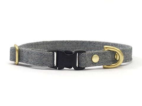 Organic cotton miniature dog collar in blue and white weave and luxury solid brass hardware.