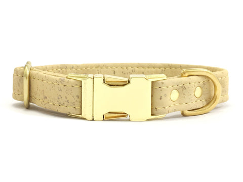 Pastel yellow dog collar in vegan cork leather with luxury brass buckle