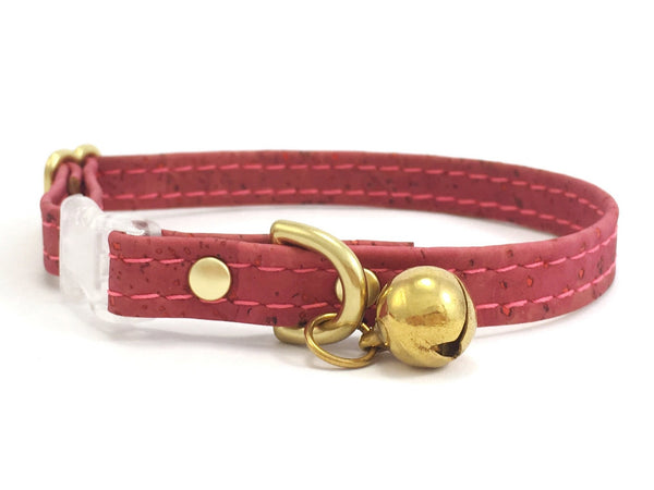 Pink cat collar in pretty rose pink vegan cork leather with a luxury brass bell