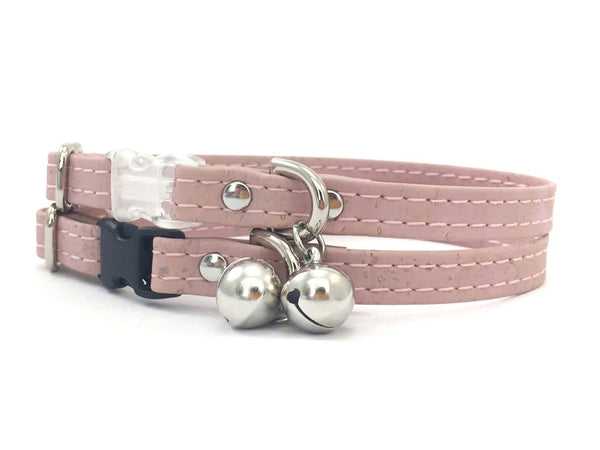 Pink vegan cork leather cat collar in light pink with bell and silver hardware, made in the UK