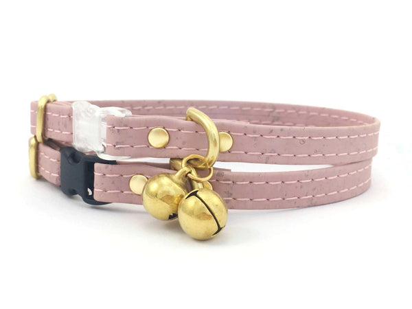 Pink cat collar with bell and breakaway buckle in vegan cork leather with gold brass hardware