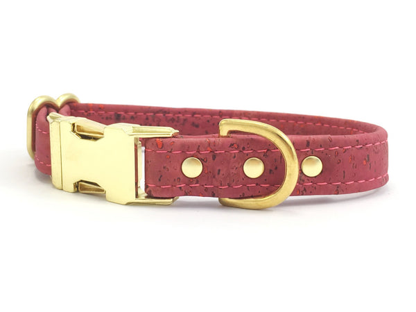 Pink dog or puppy collar in unique vegan corkl leather with luxury solid brass hardware, made in the UK