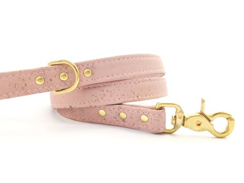 Pink girl dog/puppy leash in light pastel pink vegan cork leather with luxury brass hardware