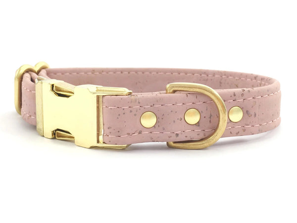 Vegan dog collar in pink cork leather with luxury brass hardware, made in the UK