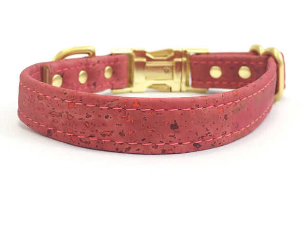 Pink dog collar in rose pink vegan cork leather and brass, available in extra small, small, medium and large