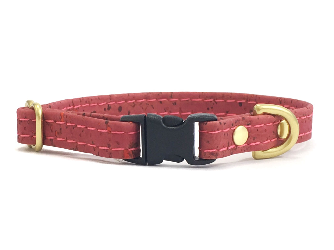 Pink miniature dog and puppy collar in vegan cork leather and luxury brass, made in the UK.