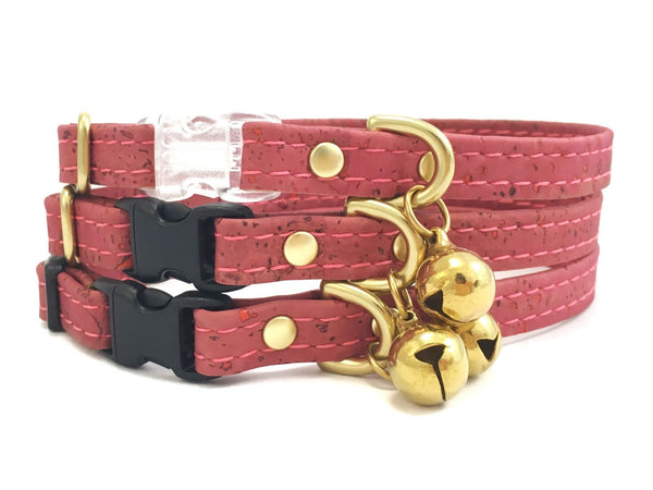 Pink cat collar in ethical vegan cork leather with breakaway safety buckle and bell, made in the UK
