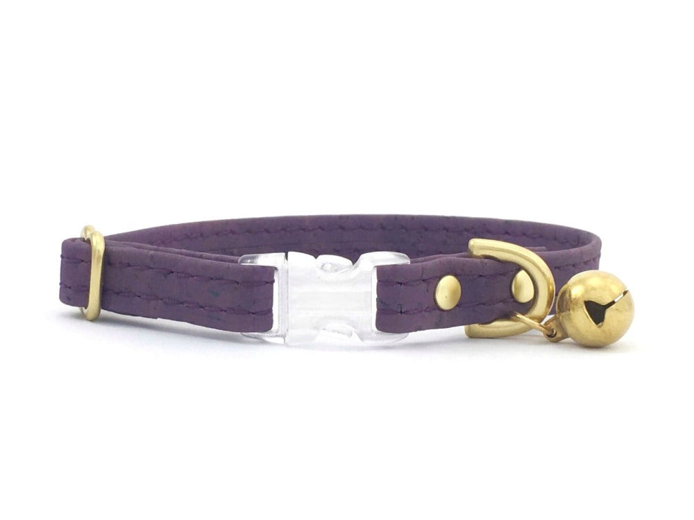 Purple breakaway cat collar with bell in vegan cork leather, made in the UK
